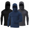 Three men's athletic fishing hoodies in black, navy blue, and gray.