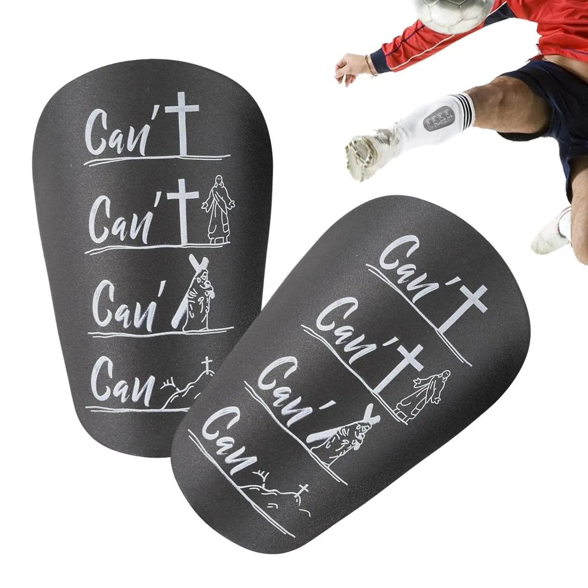 Protectores shin de fútbol mini negros con texto blanco mostrando varias figuras y la frase 'Can't Can'