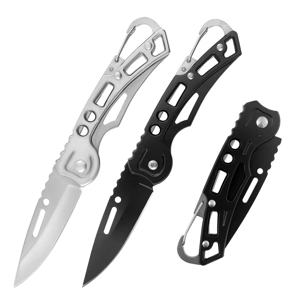 A folding stainless steel survival knife with a black handle and silver blade shown from above.
