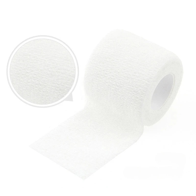Roll of white self-adhesive elastic bandage tape with a portion unwound.