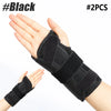 A hand wearing a black wrist support brace, demonstrating the dual wrist support product.