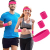 A man and a woman wearing pink sweatband hairbands while exercising.
