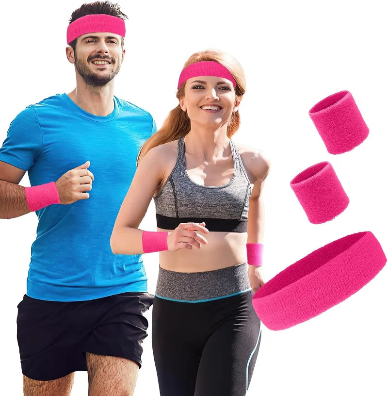 A man and a woman wearing pink sweatband hairbands while exercising.