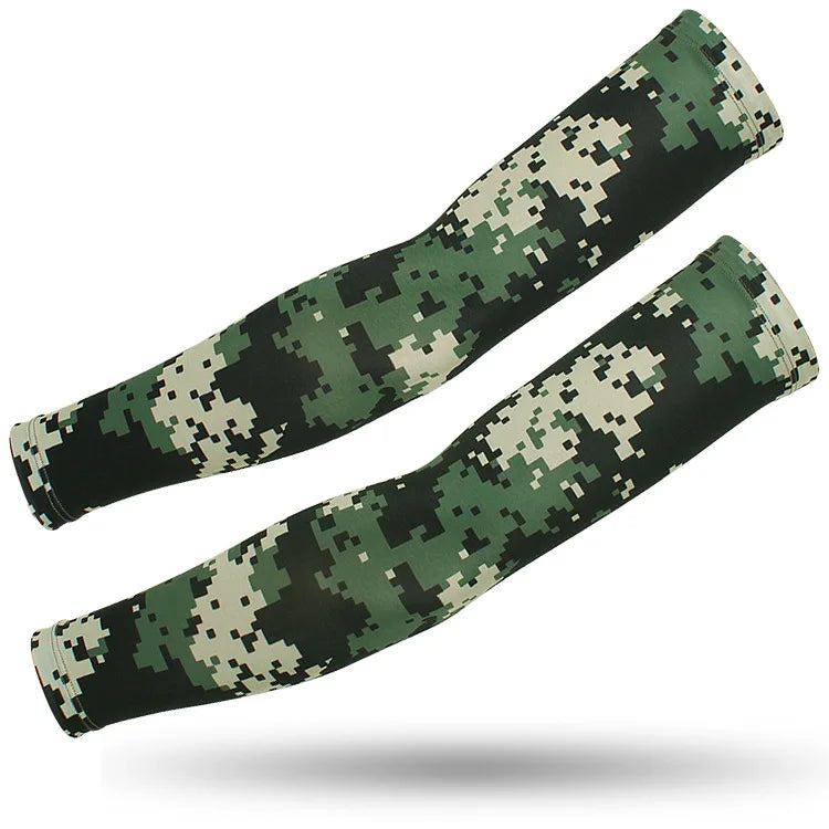 A pair of tactical camouflage arm sleeves designed for UV protection.