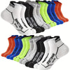 Un paquete de doce calcetines deportivos para hombre transpirables, en varios colores como negro, blanco, rojo, azul y verde.
