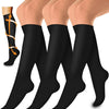 A pack of three black women's compression socks shown on legs.