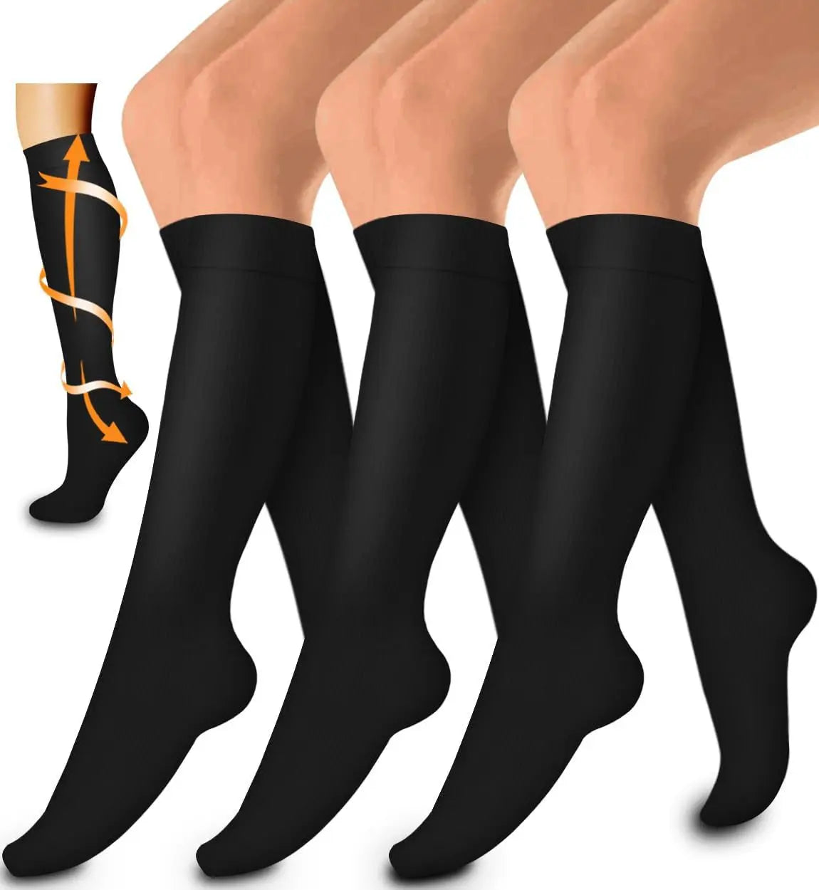 A pack of three black women's compression socks shown on legs.