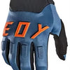 A close-up view of heavy duty full finger off-road motorcycle gloves in blue and black with orange accents.