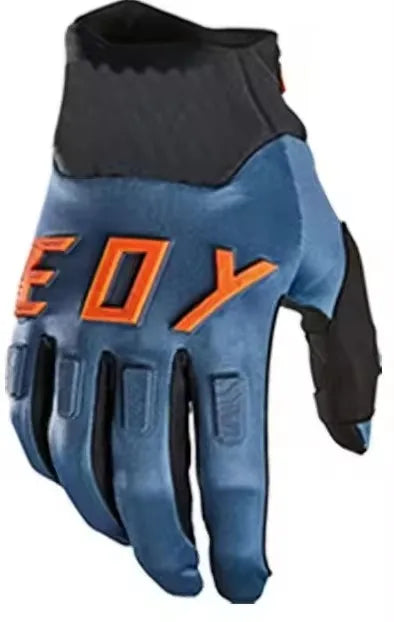 A close-up view of heavy duty full finger off-road motorcycle gloves in blue and black with orange accents.