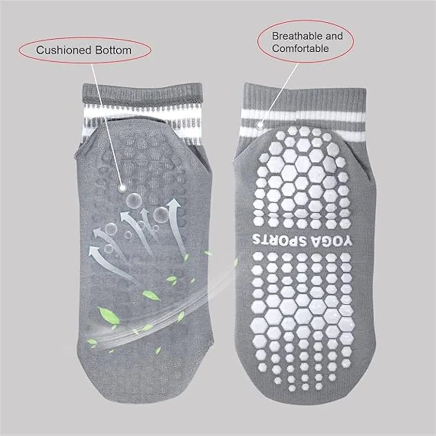Gray non-slip grip socks designed for yoga and pilates with a cushioned bottom