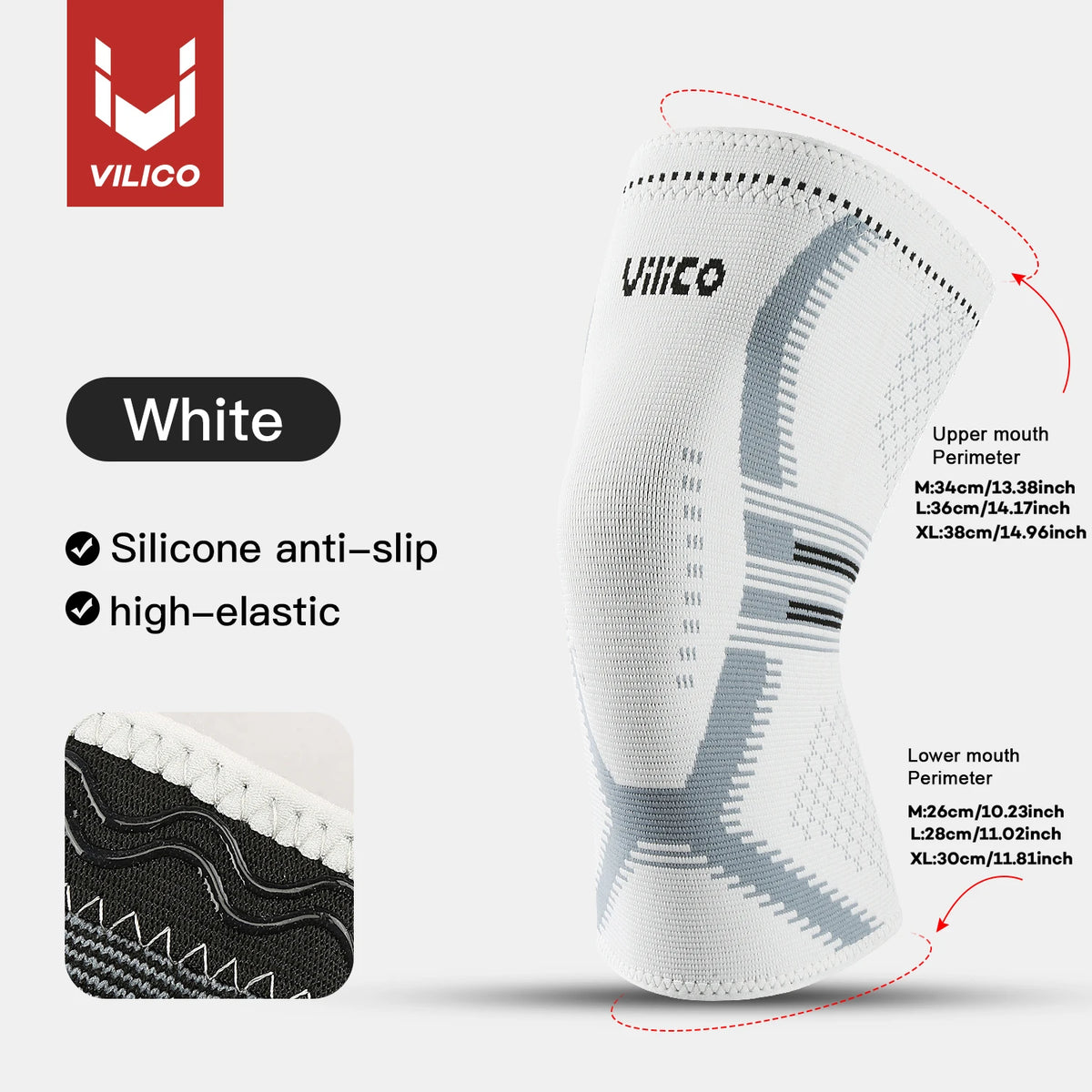 White Vilico compression knee support sleeve showing the upper and lower mouth perimeter details