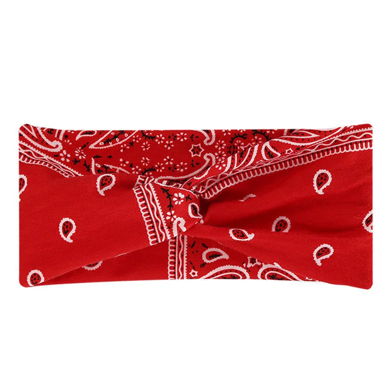 Red fabric wide headband with white and black bohemian print patterns