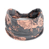 Graues Baumwoll-Yoga-Headband mit Blumenmuster in sanften Pfirsich- und Grüntönen.