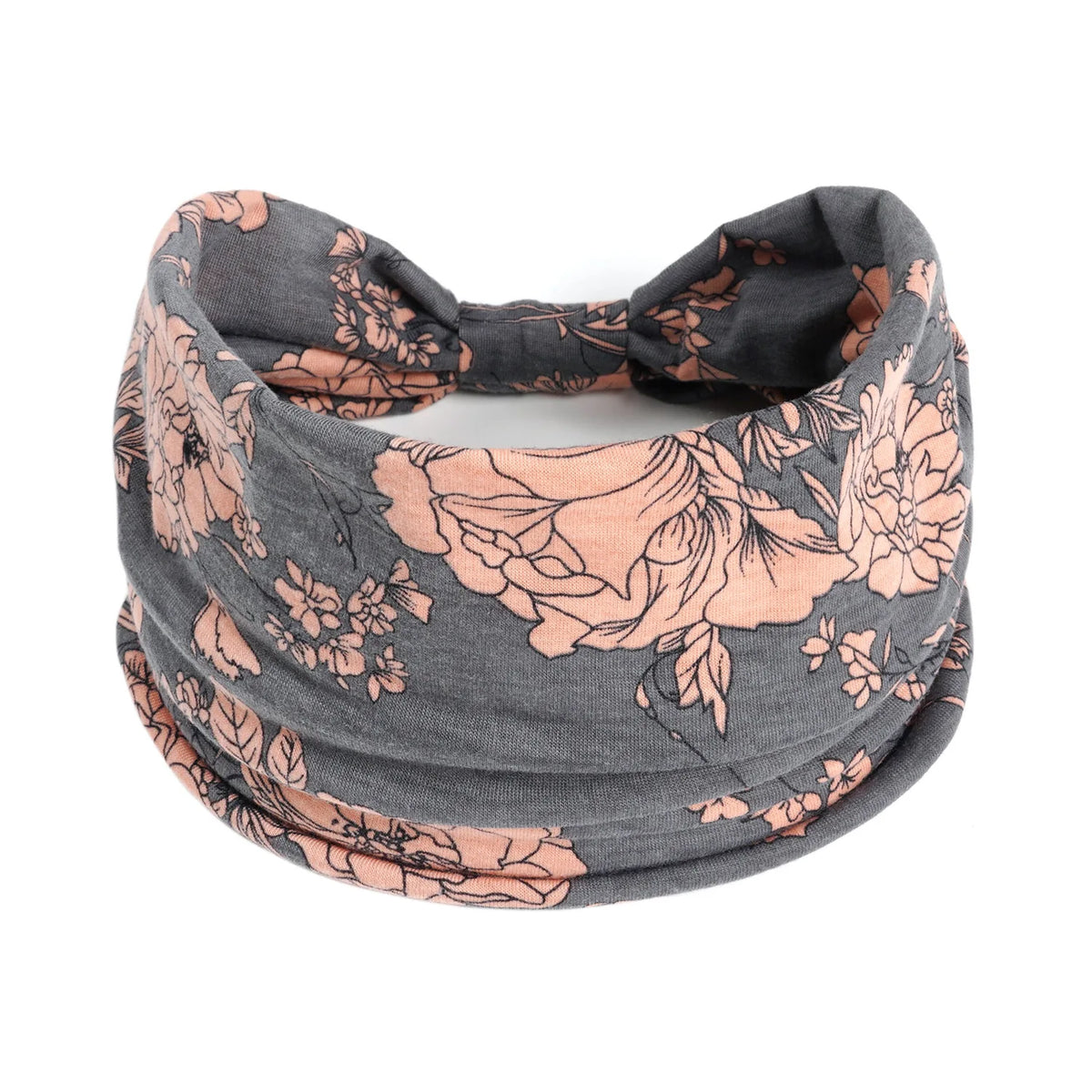 Graues Baumwoll-Yoga-Headband mit Blumenmuster in sanften Pfirsich- und Grüntönen.