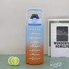 A light blue sports water bottle with a straw featuring motivational text and citrus slices.