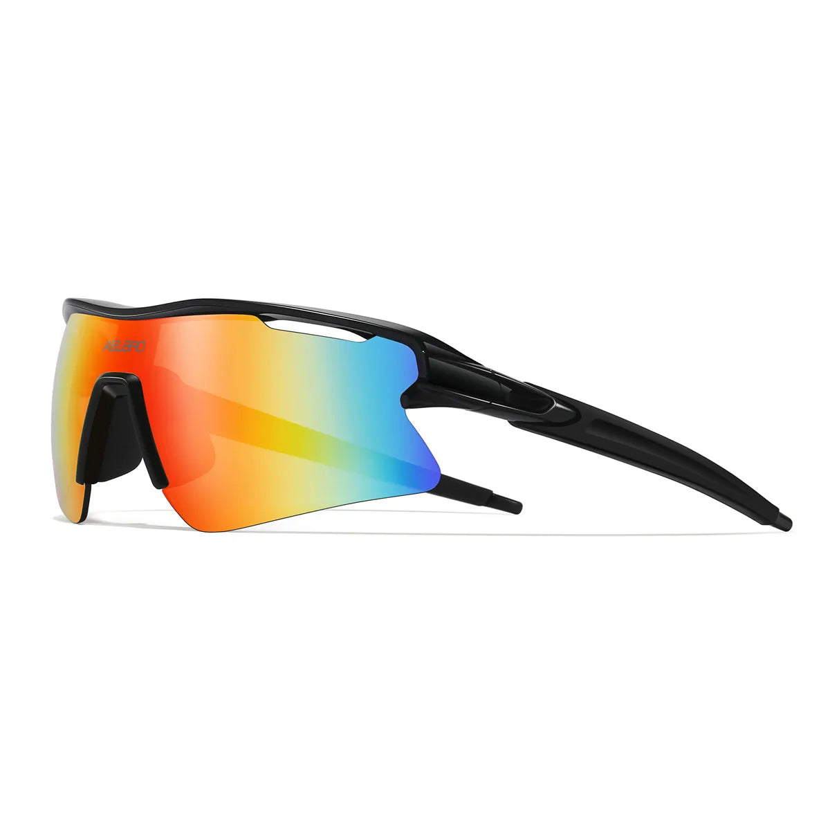 Orange and yellow polarized sports sunglasses with black frames shown against a white background.