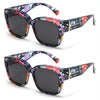 A pair of oversized polarized sunglasses with a dark frame featuring a floral pattern and gold accents.