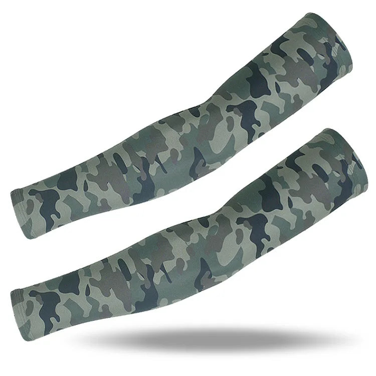 Two camouflage tactical arm sleeves laid diagonally against a white background.