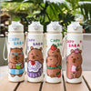 Three cute cartoon bear drinking water bottles with straws in white and pastel colors