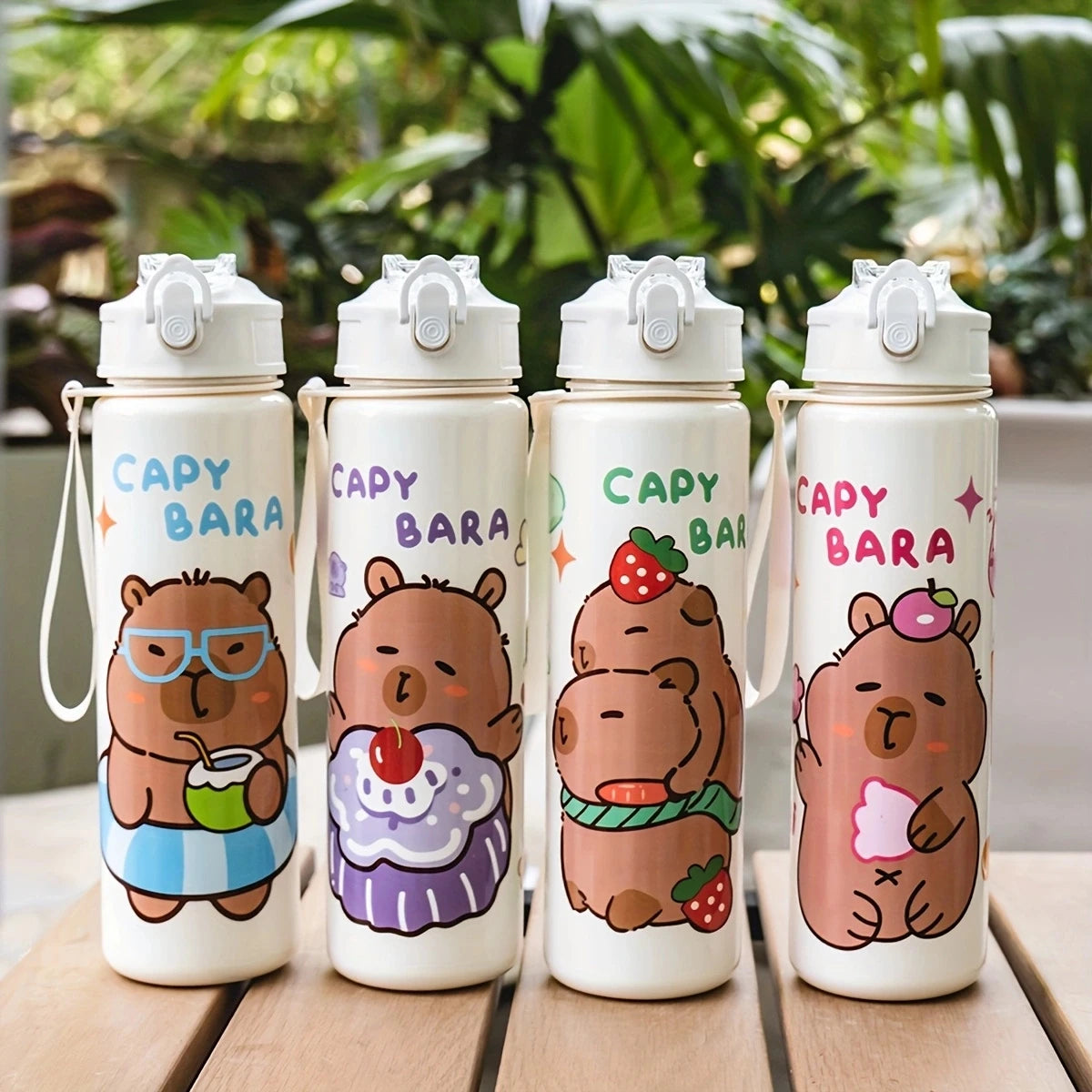 Three cute cartoon bear drinking water bottles with straws in white and pastel colors
