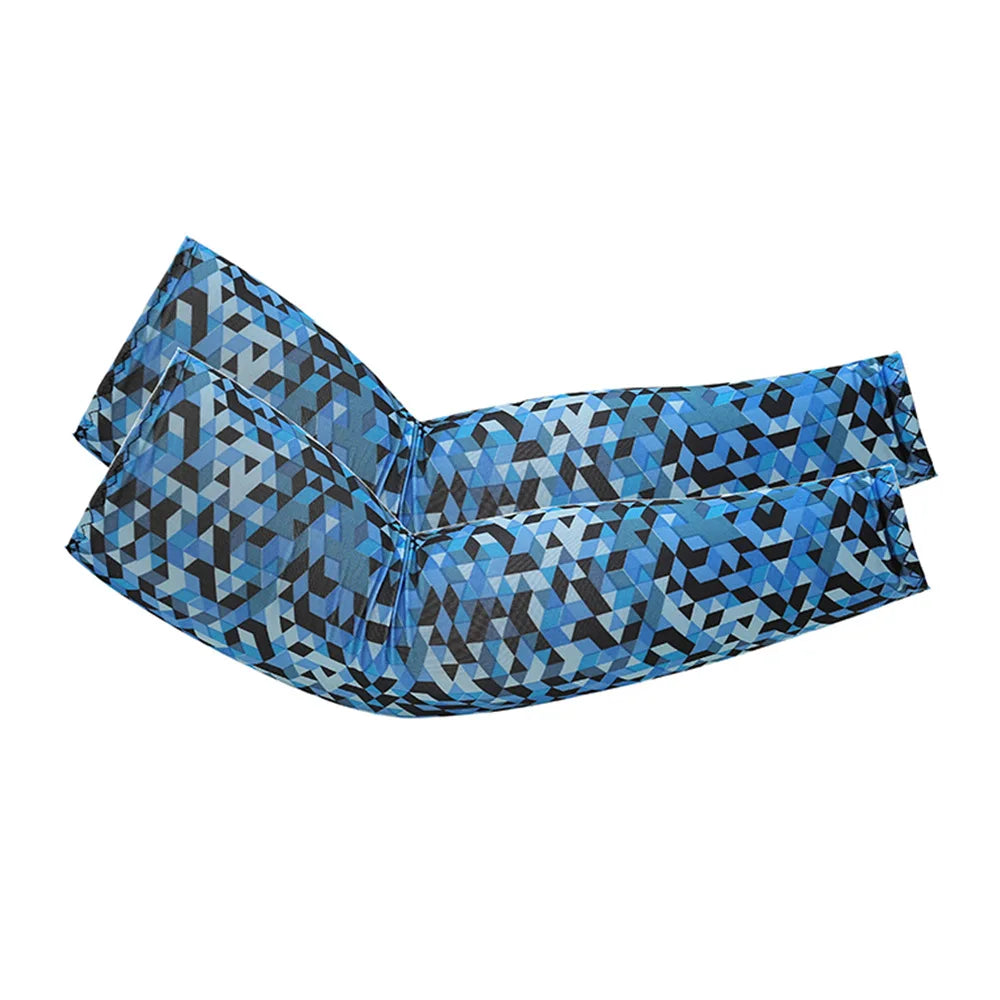 A pair of blue and black geometric patterned cooling arm sleeves for UV protection.