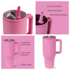 Pink insulated stainless steel water bottle with handle and flip straw featuring dishwasher safe and triple wall insulation.