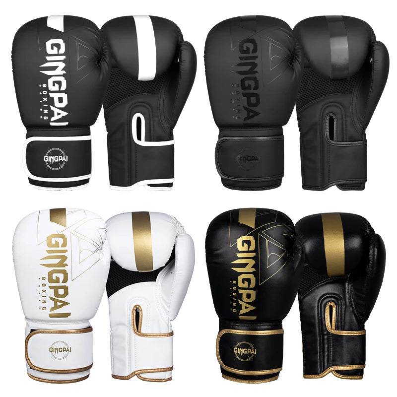 A set of black and white boxing training gloves with gold accents shown from multiple angles.