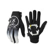 A pair of black full finger motocross motorcycle gloves with white graphic designs