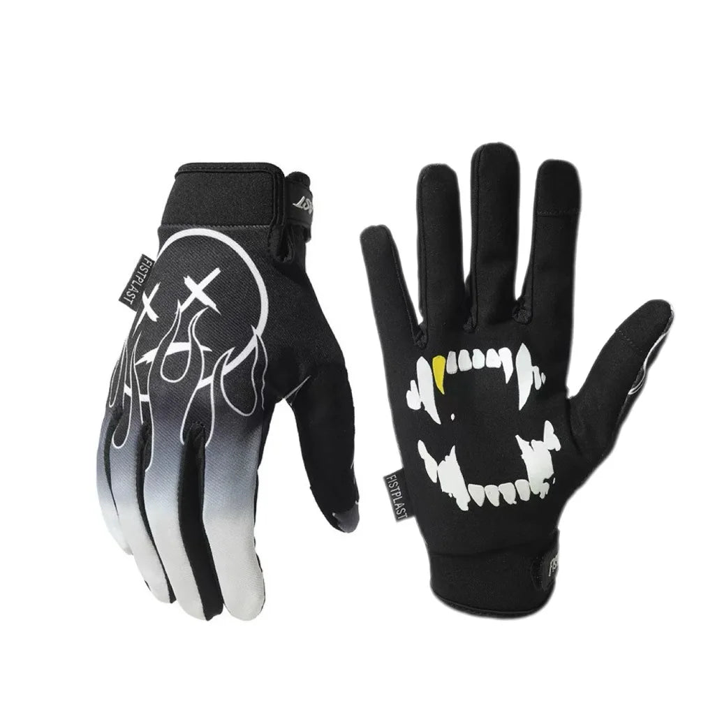 A pair of black full finger motocross motorcycle gloves with white graphic designs