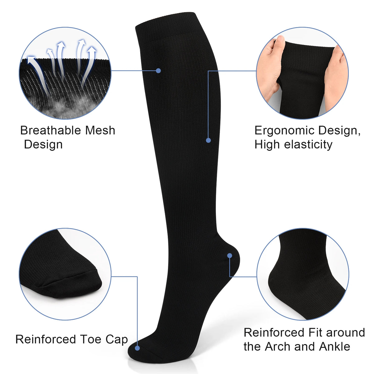 Black moisture-wicking sports compression socks showing features like breathable mesh, ergonomic design, and reinforced fit.