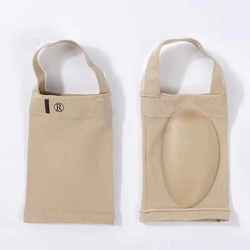 A pair of beige silicone arch support insoles for pain relief.