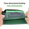 Hand holding a three-dimensional braided elbow protector sleeve in black, green, and dark green colors.
