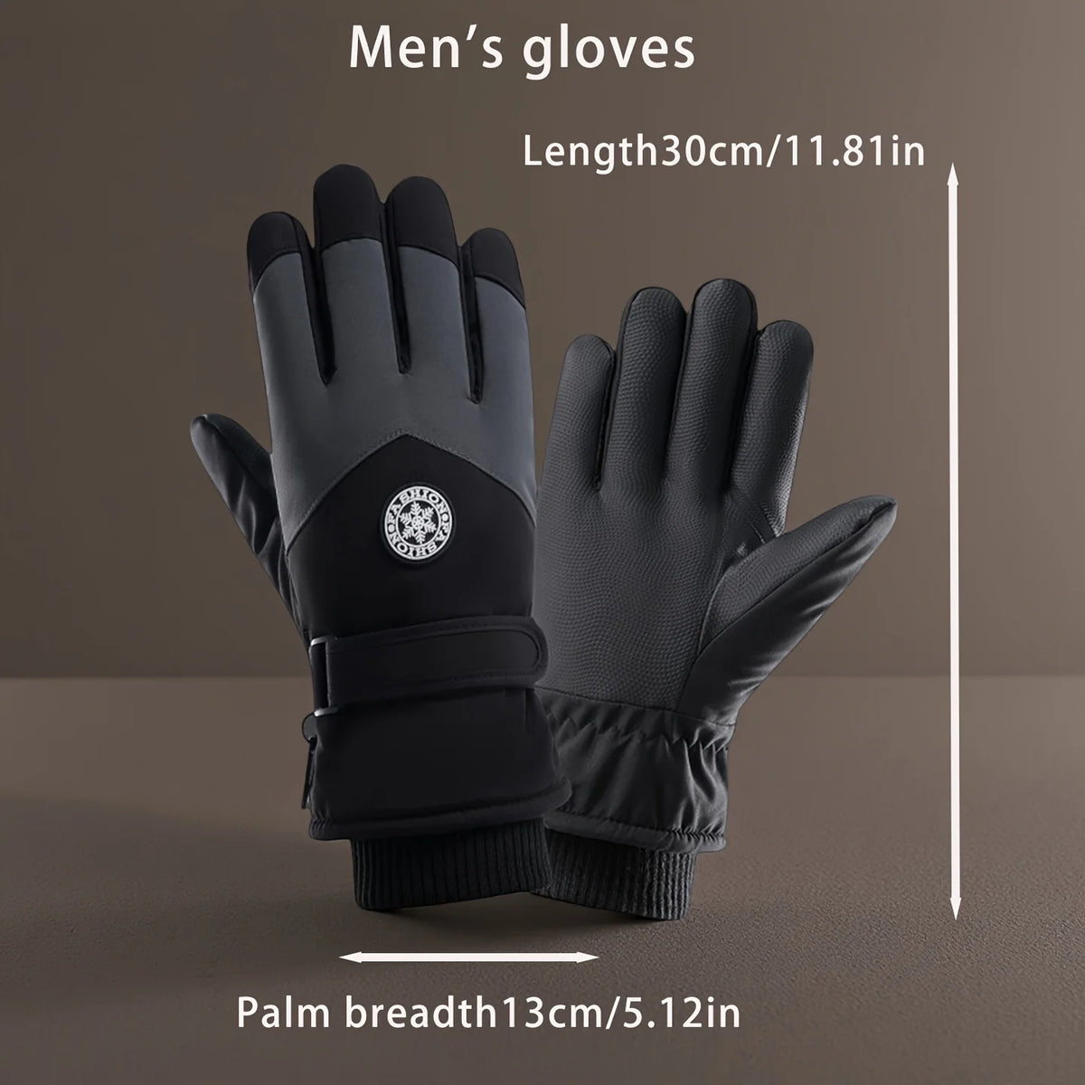 Black men's gloves shown with measurements, including length and palm breadth.