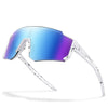 A pair of white UV protection baseball sunglasses with blue and purple mirrored lenses.