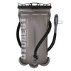A gray hydration reservoir bladder with black accents and a black tube, designed for durable water storage.