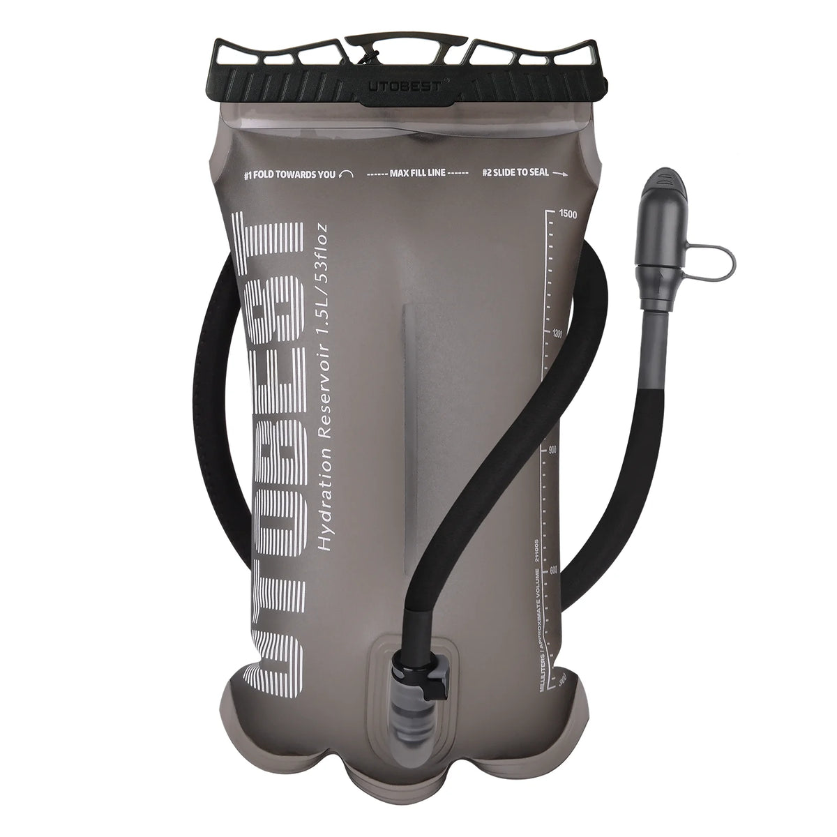 A gray hydration reservoir bladder with black accents and a black tube, designed for durable water storage.