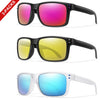 Three pairs of polarized UV400 sunglasses shown in black, yellow, and blue frames.