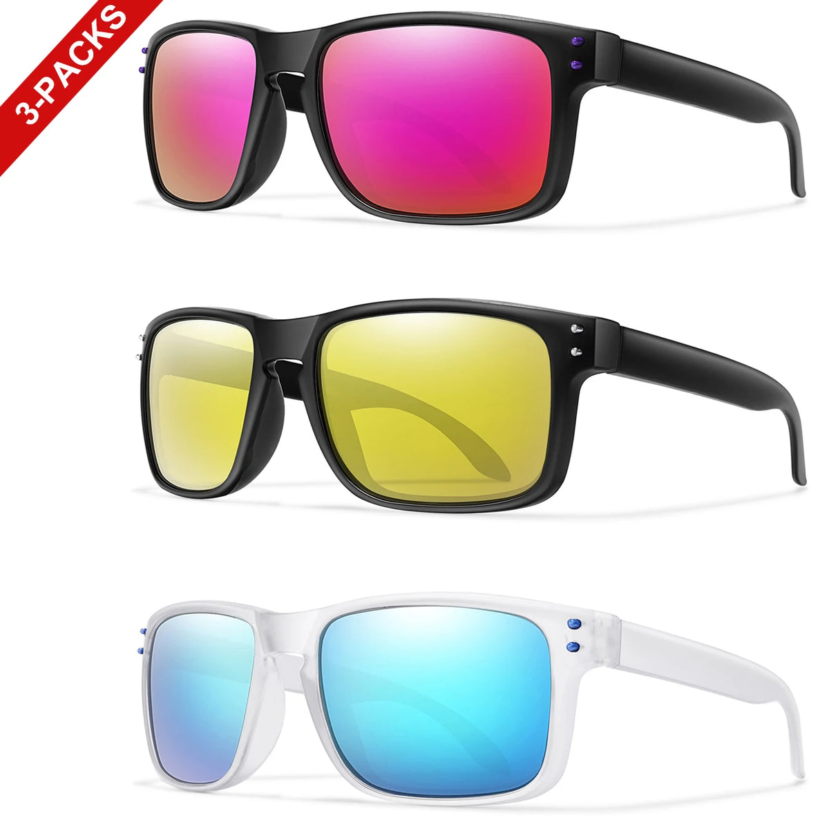 Three pairs of polarized UV400 sunglasses shown in black, yellow, and blue frames.