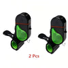 Two black clip-on fishing bite alarms with green LED flash lights