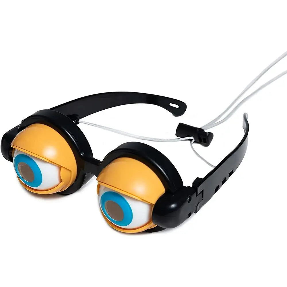 A pair of funny novelty glasses with large blue eyes and yellow frames on a black strap.
