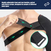 Black compression shoulder support brace with adjustable buckles and Velcro straps being applied to a person's shoulder.