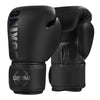 A pair of black professional boxing and Muay Thai training gloves shown from the side.