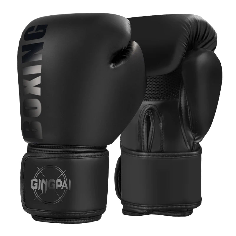 A pair of black professional boxing and Muay Thai training gloves shown from the side.