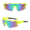 A pair of neon yellow and iridescent blue sport sunglasses shown in two views.