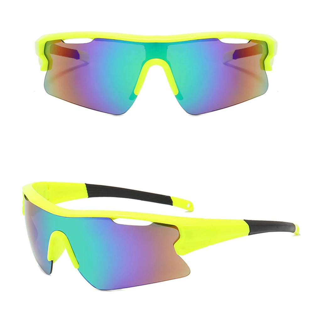 A pair of neon yellow and iridescent blue sport sunglasses shown in two views.