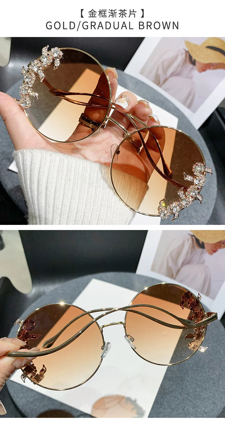Women's Rhinestone Oversized Round Sunglasses with UV400 Protection