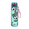 A turquoise water bottle with a pink lid featuring a green football pattern and the BabyBean logo.