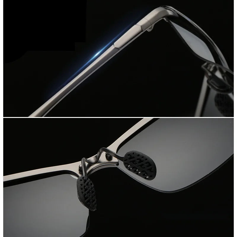 Primer plano de gafas de sol polarizadas fotoquímicas plateadas con efecto de luz azul.