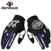 A pair of black cycling gloves with purple accents and white palm padding.