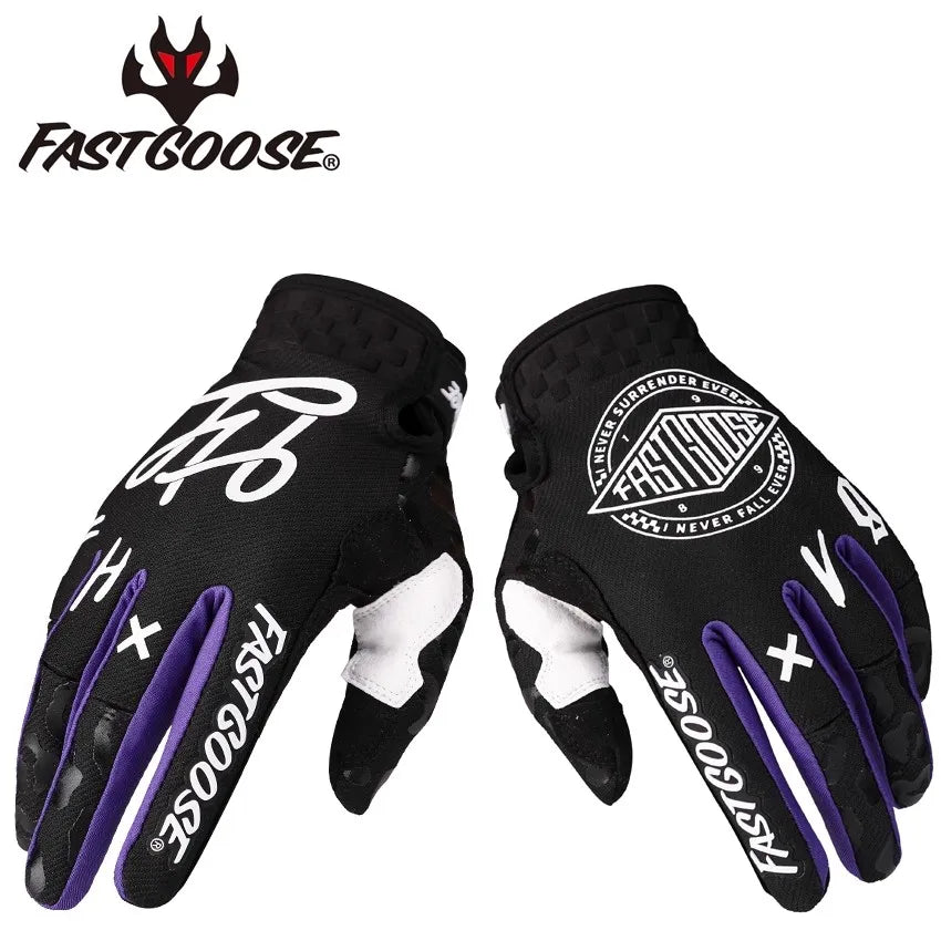 A pair of black cycling gloves with purple accents and white palm padding.
